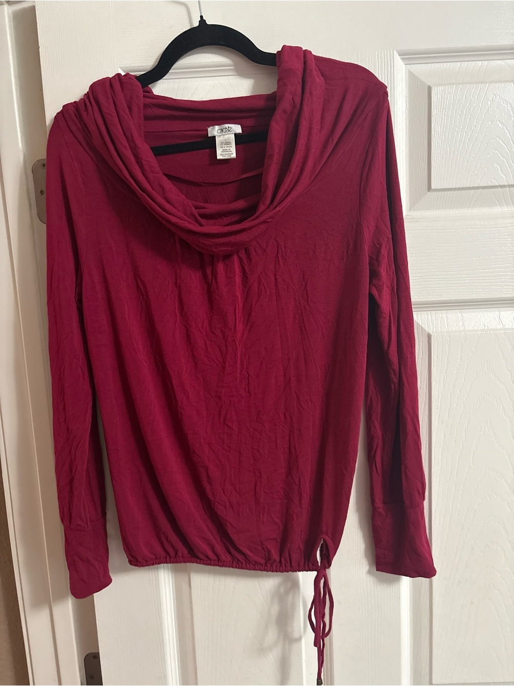 Cache Y2K cowl neck pullover sweater cranberry button wrist cuffs fall autumn L
